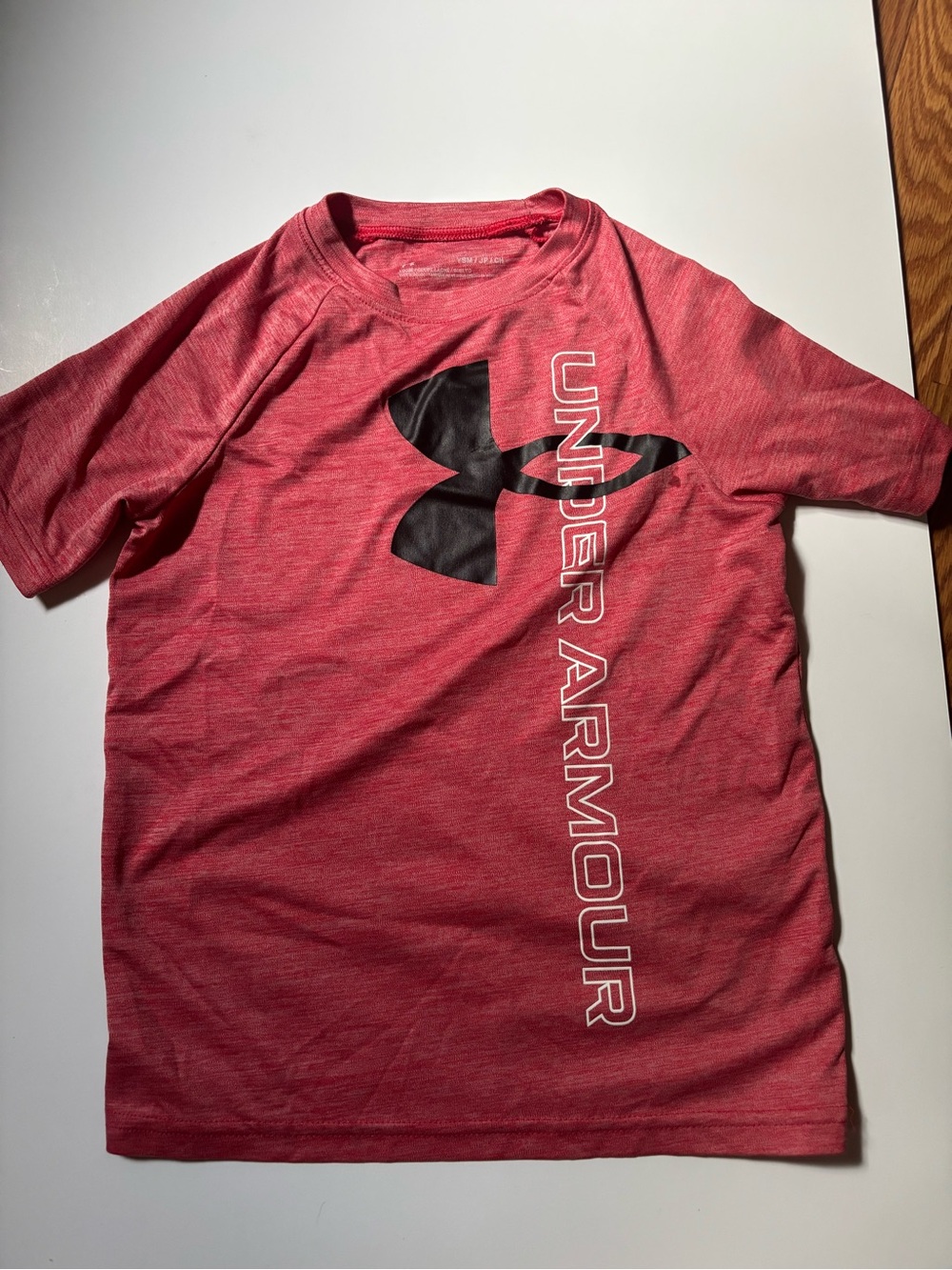 Boys  Under Armour  Red Heather Short Sleeve Logo Tee with Black Emblem